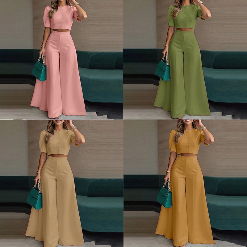 Women's Two-Piece Set Short Top Wide Leg Pants Casual Elegant Summer