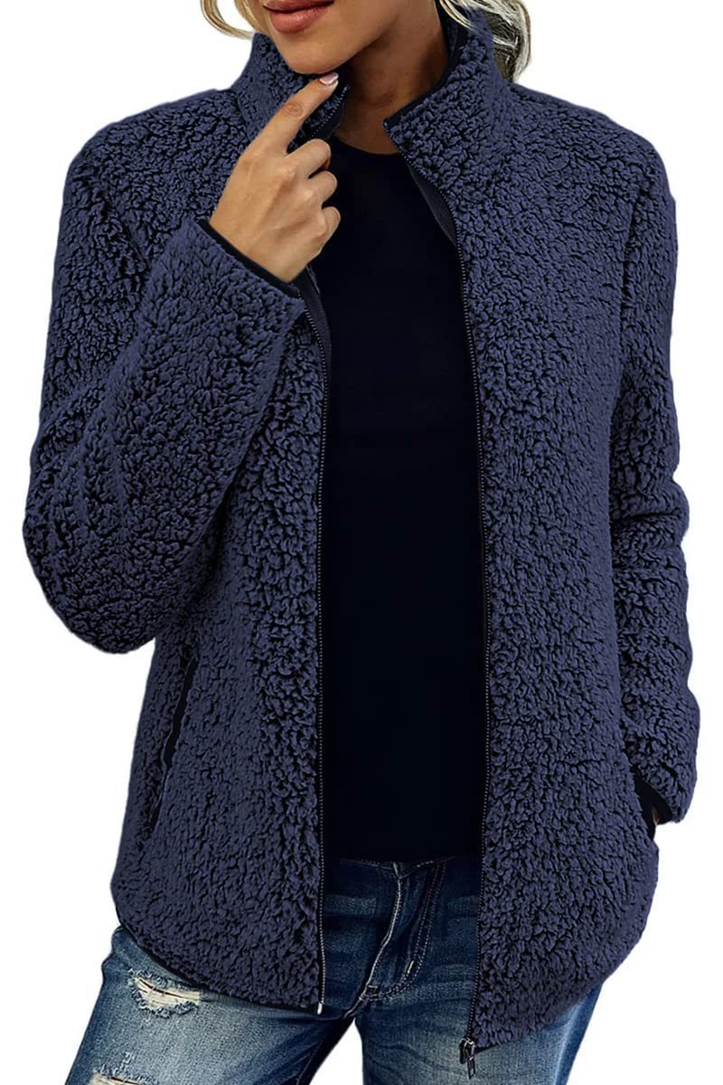 Women's Stand Collar Solid Color Zip-Up Bubble Fleece Jacket