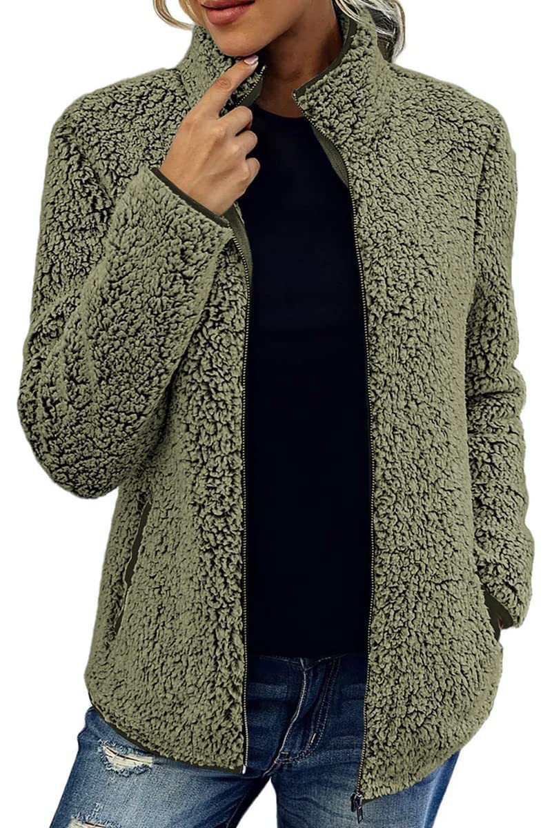 Women's Stand Collar Solid Color Zip-Up Bubble Fleece Jacket