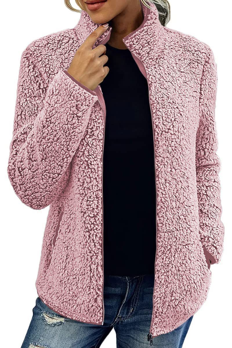 Women's Stand Collar Solid Color Zip-Up Bubble Fleece Jacket