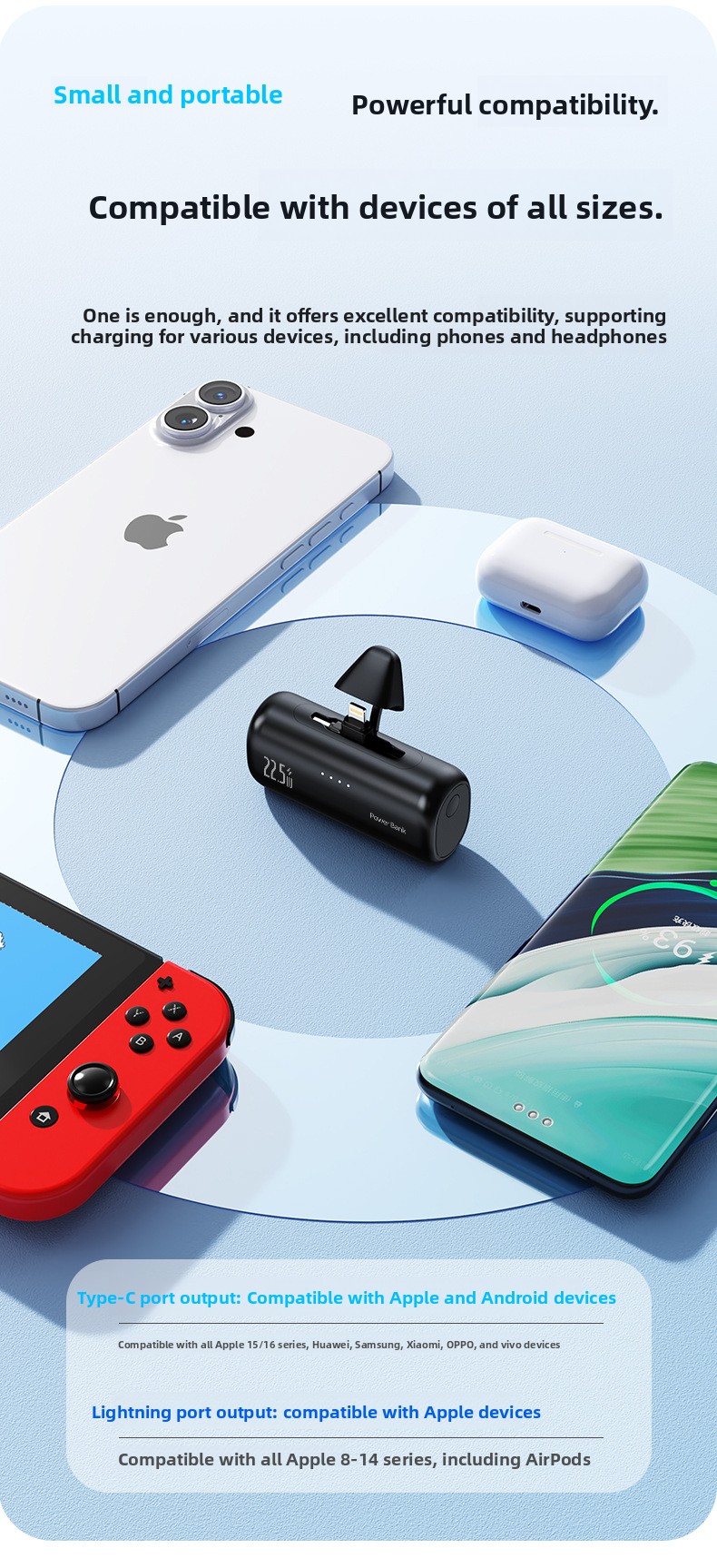 5000mAh Compact Portable Power Bank with Hidden Dual Connectors Fast Charging