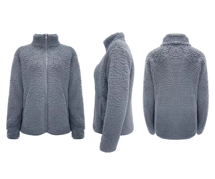 Women's Stand Collar Solid Color Zip-Up Bubble Fleece Jacket