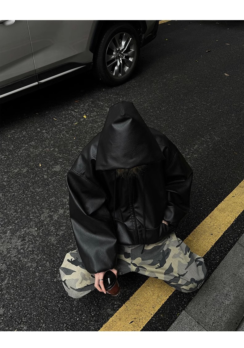 Leather Coat Vintage Hooded Jacket Baseball Suit