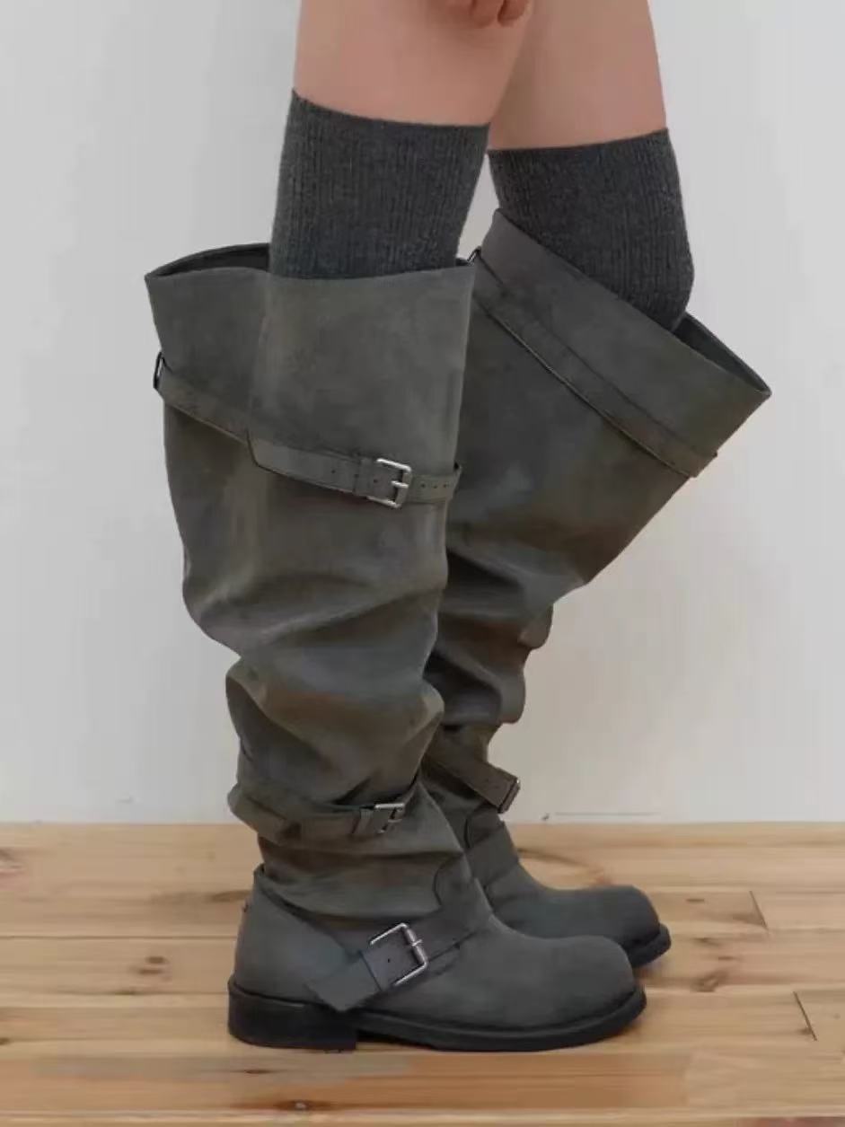 Women's Niche Korean Design Wide-Calf Over-the-Knee Chunky Heel Riding Boots