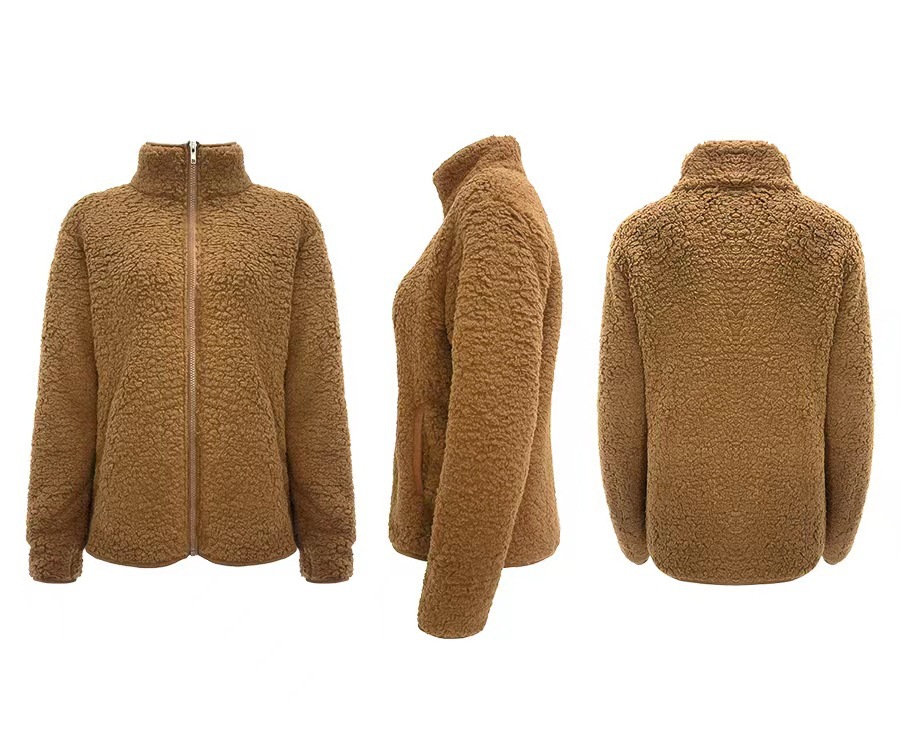 Women's Stand Collar Solid Color Zip-Up Bubble Fleece Jacket