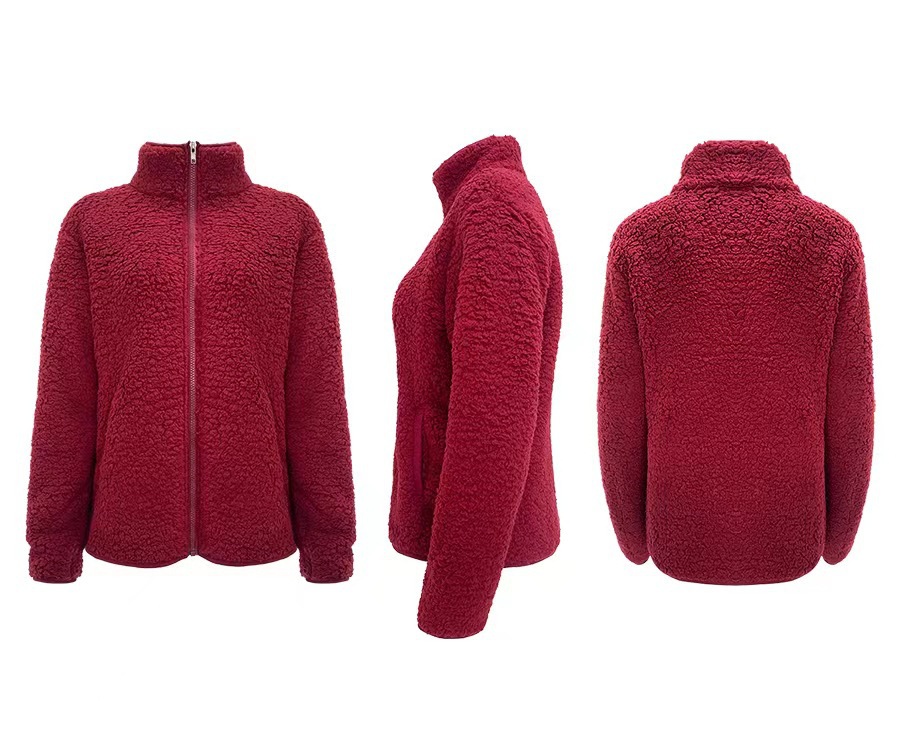 Women's Stand Collar Solid Color Zip-Up Bubble Fleece Jacket