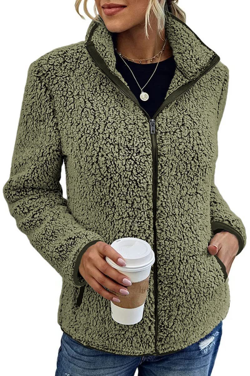 Women's Stand Collar Solid Color Zip-Up Bubble Fleece Jacket