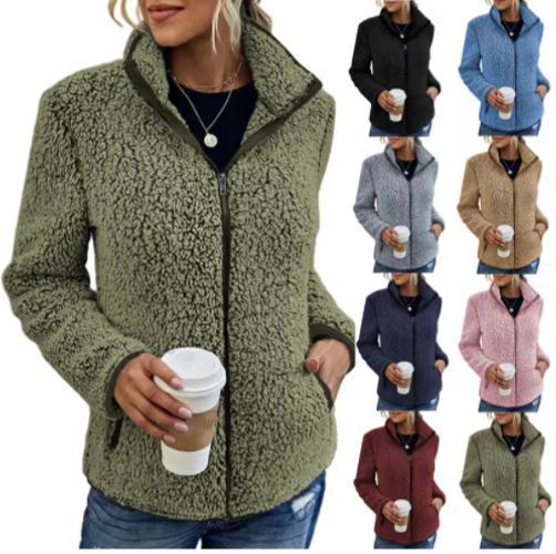 Women's Stand Collar Solid Color Zip-Up Bubble Fleece Jacket