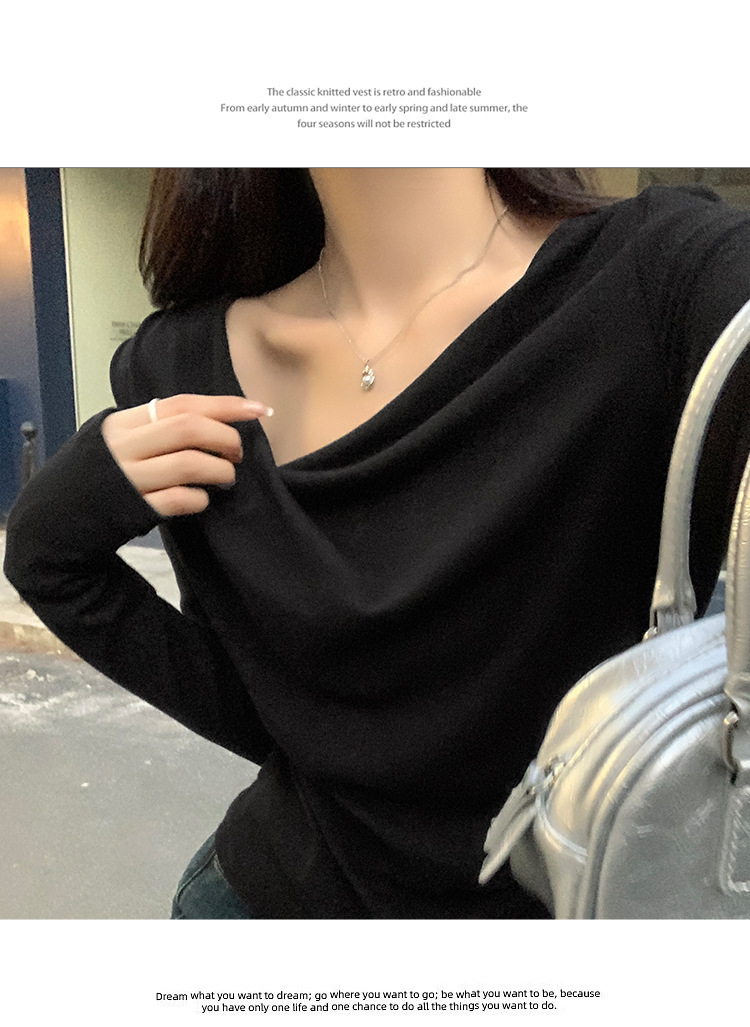 Pure Desire One-Shoulder Collar Long-Sleeved Knit Tight Inner Base Top