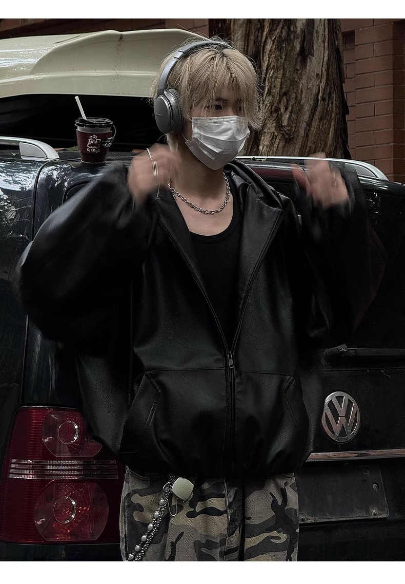 Leather Coat Vintage Hooded Jacket Baseball Suit
