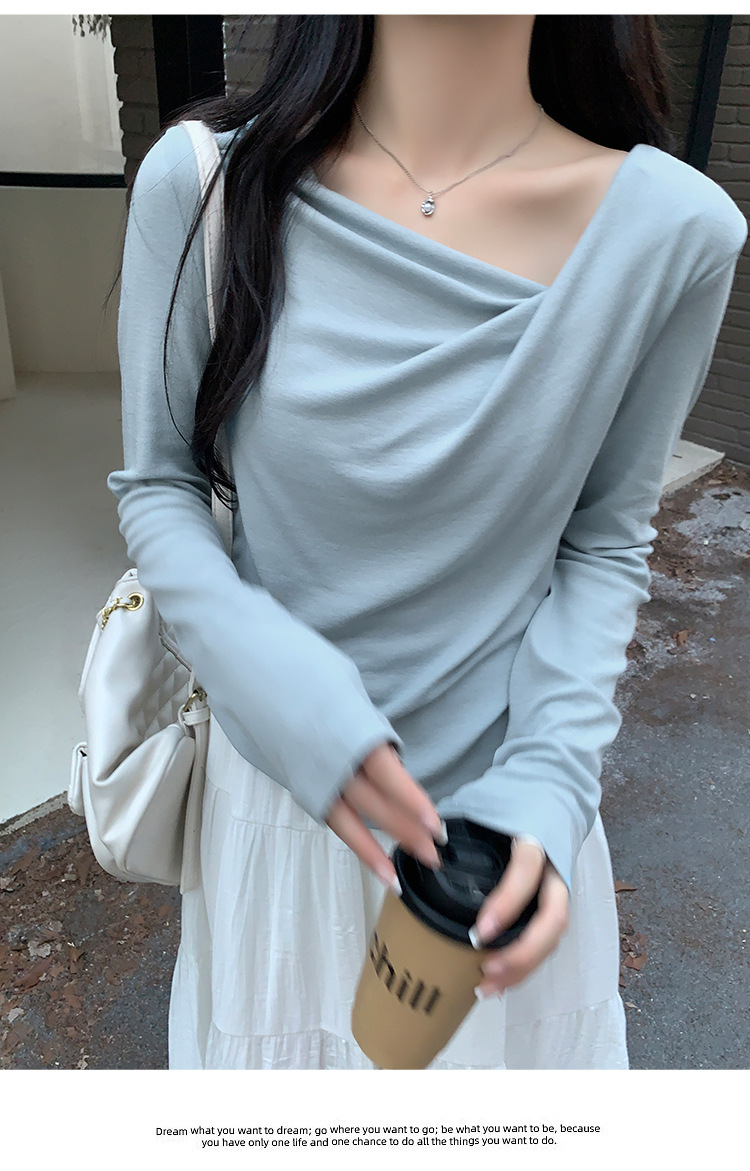 Pure Desire One-Shoulder Collar Long-Sleeved Knit Tight Inner Base Top