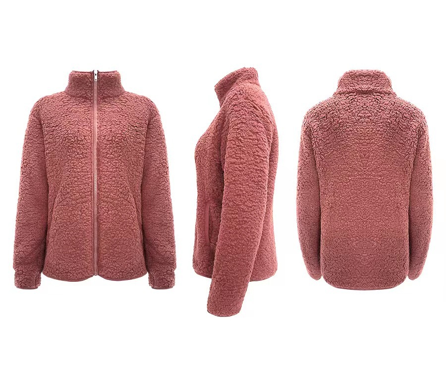 Women's Stand Collar Solid Color Zip-Up Bubble Fleece Jacket