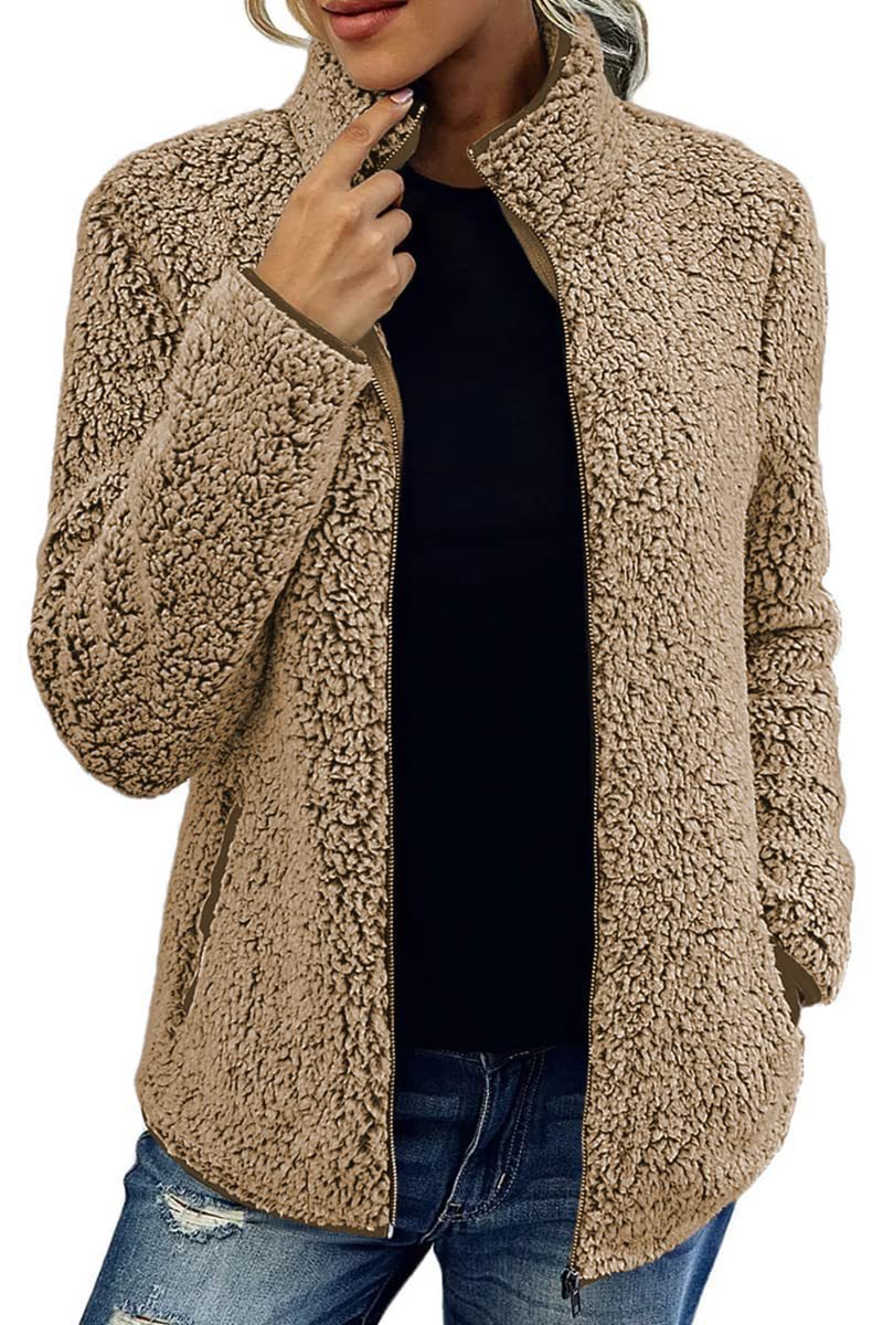 Women's Stand Collar Solid Color Zip-Up Bubble Fleece Jacket