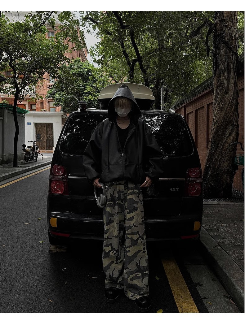 Leather Coat Vintage Hooded Jacket Baseball Suit