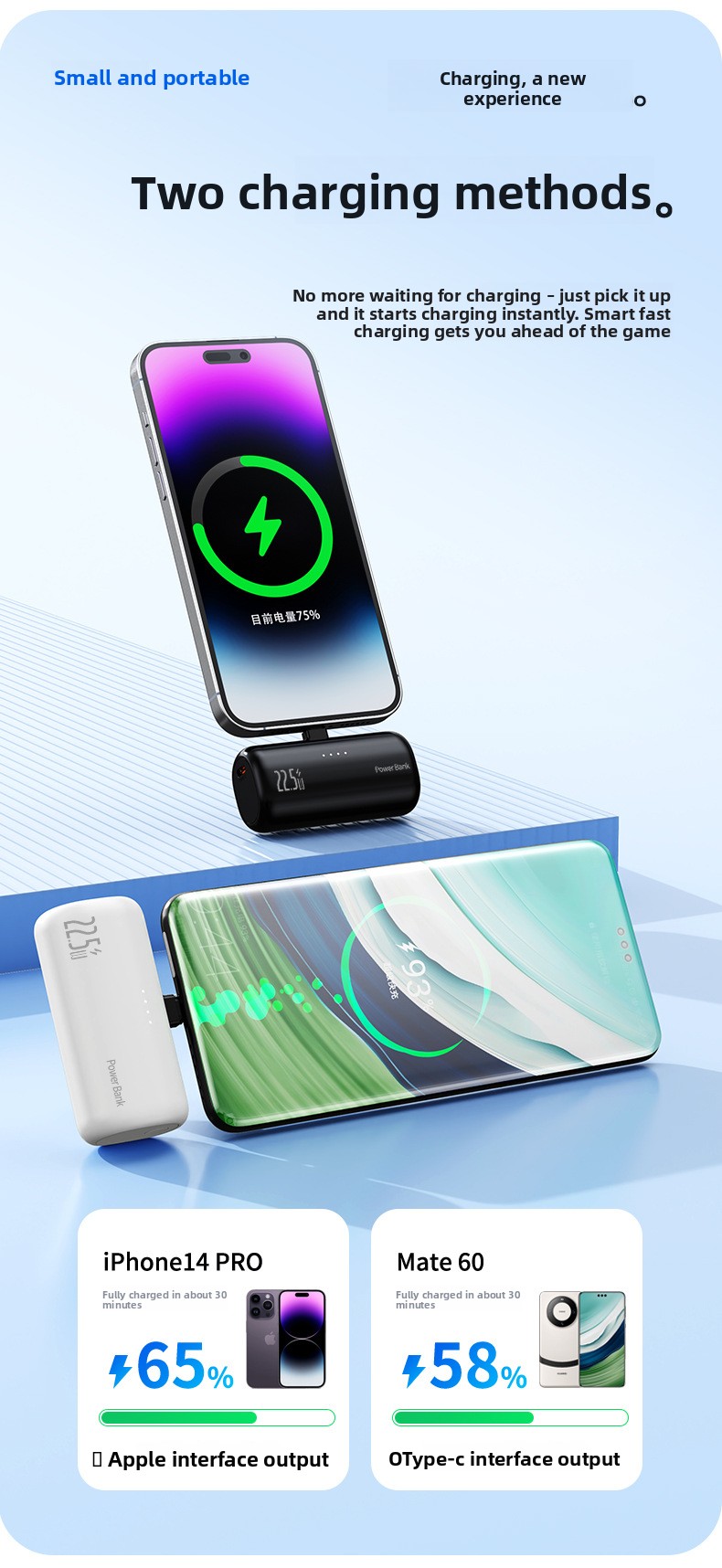 5000mAh Compact Portable Power Bank with Hidden Dual Connectors Fast Charging