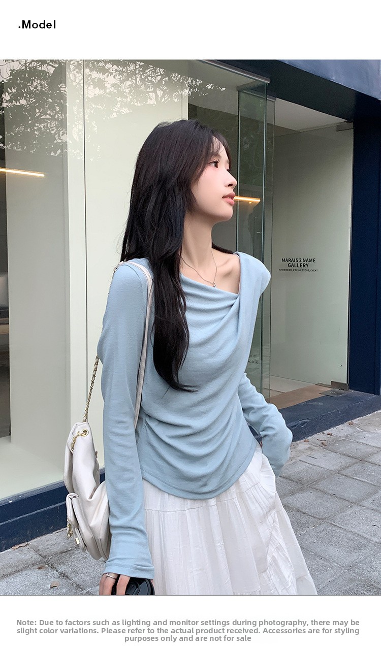 Pure Desire One-Shoulder Collar Long-Sleeved Knit Tight Inner Base Top