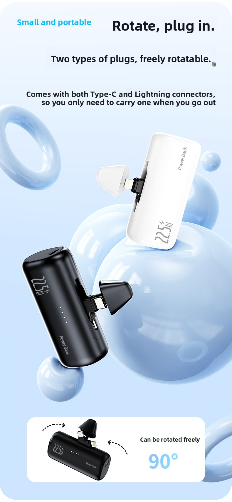 5000mAh Compact Portable Power Bank with Hidden Dual Connectors Fast Charging