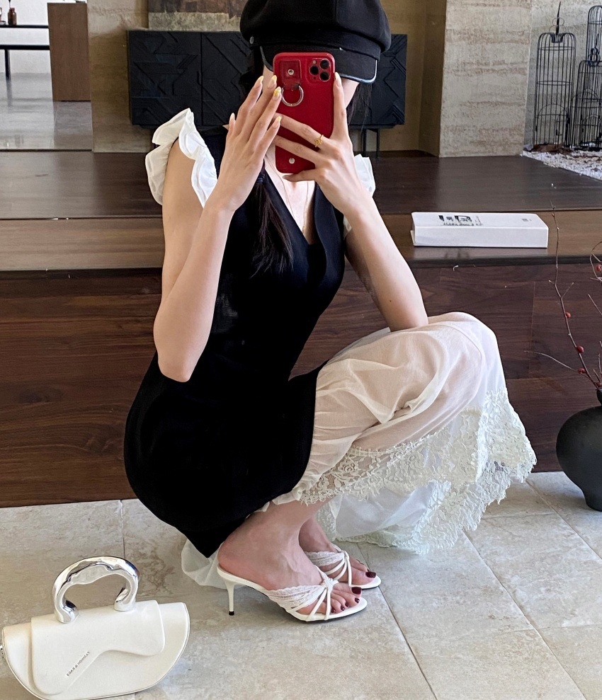 Women's Lace Bow Thin Heel PU Sandals Summer Pointed Toe Outdoor Slides