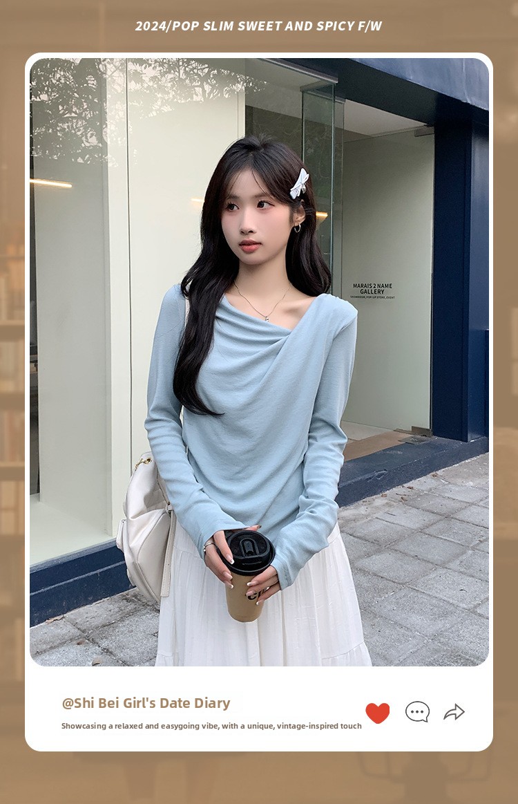 Pure Desire One-Shoulder Collar Long-Sleeved Knit Tight Inner Base Top