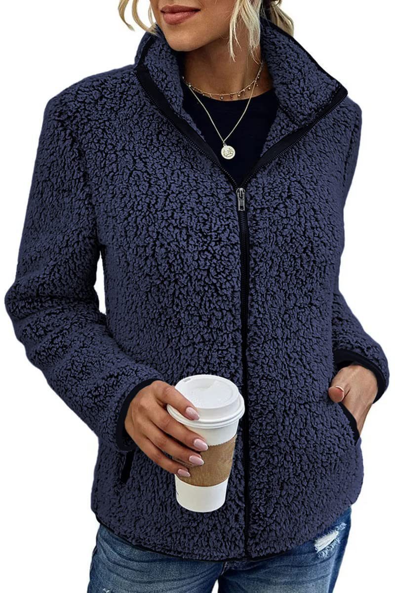 Women's Stand Collar Solid Color Zip-Up Bubble Fleece Jacket
