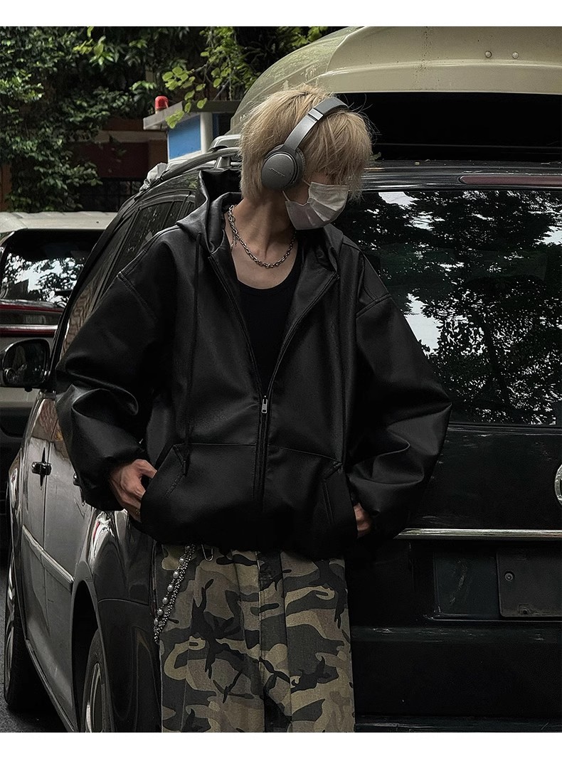 Leather Coat Vintage Hooded Jacket Baseball Suit
