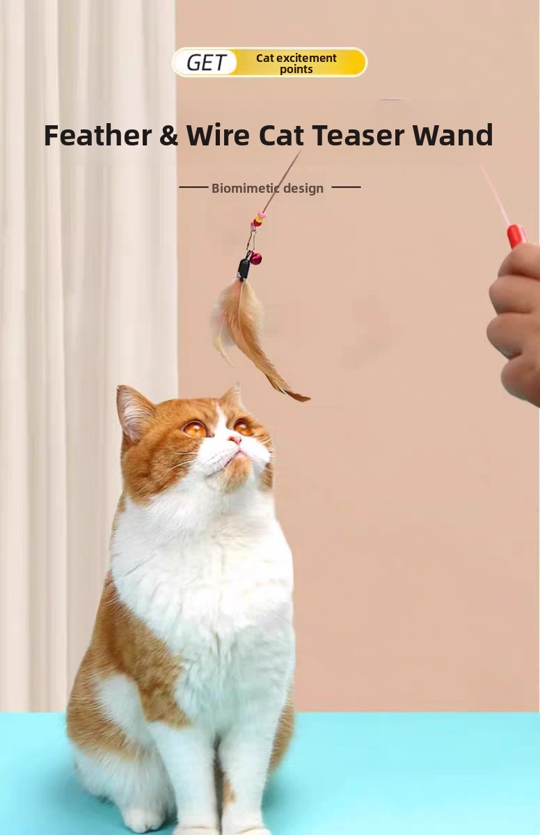 Interactive Cat Teaser Toy with Feathers and Bell, Durable Wire Wand for Kitten Play
