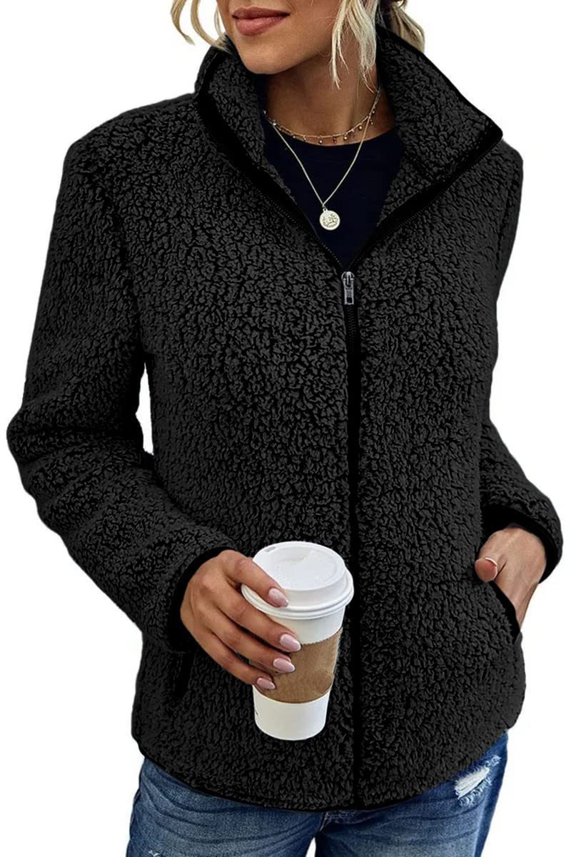 Women's Stand Collar Solid Color Zip-Up Bubble Fleece Jacket