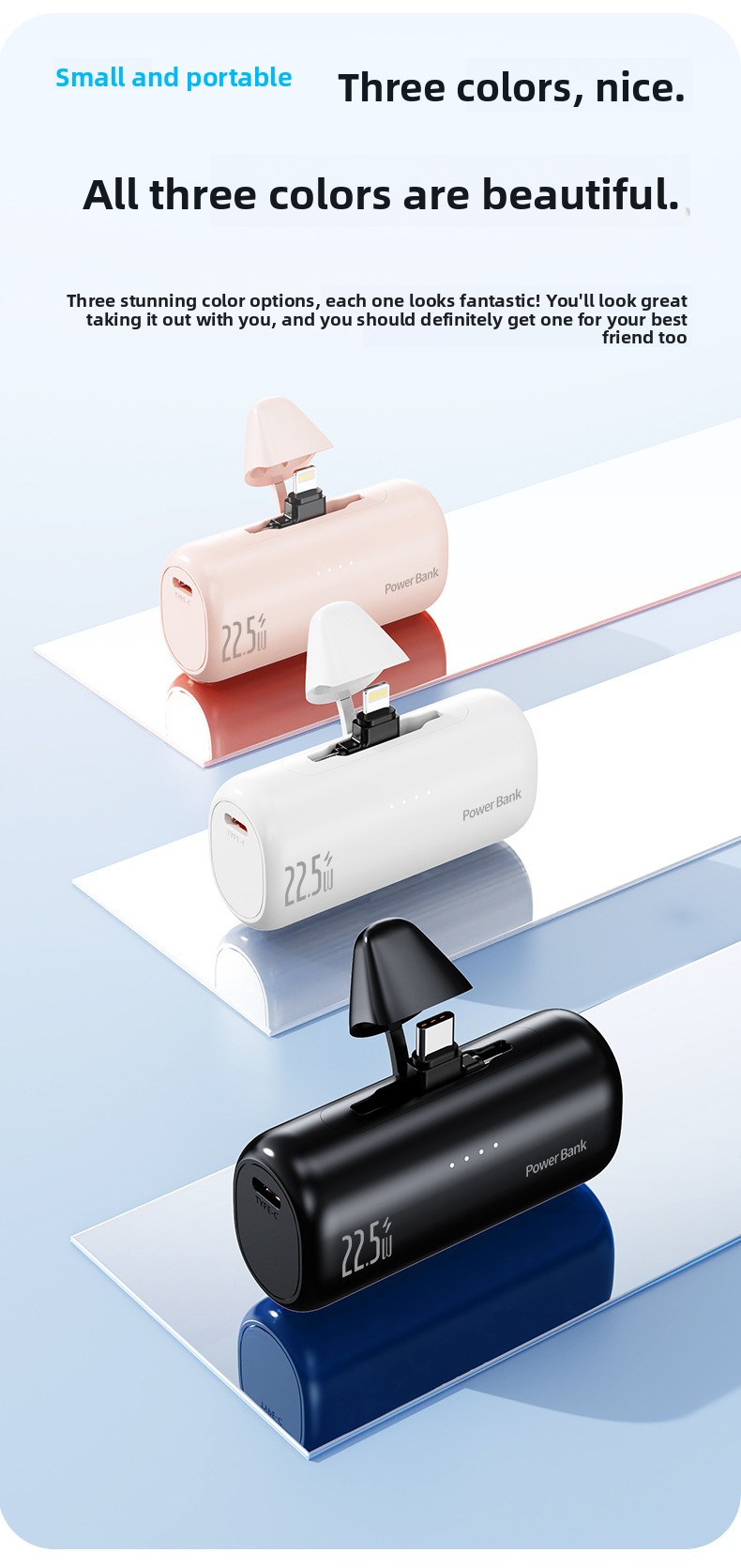 5000mAh Compact Portable Power Bank with Hidden Dual Connectors Fast Charging