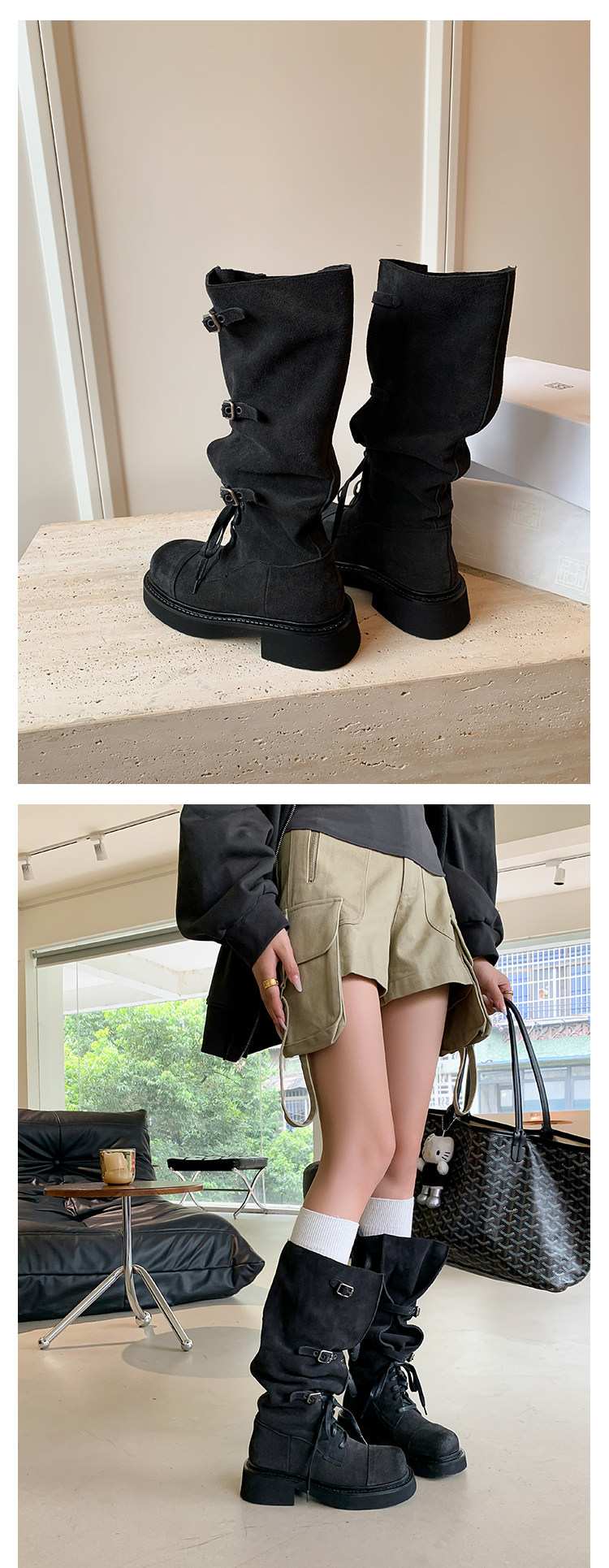 Belted platform riding boots