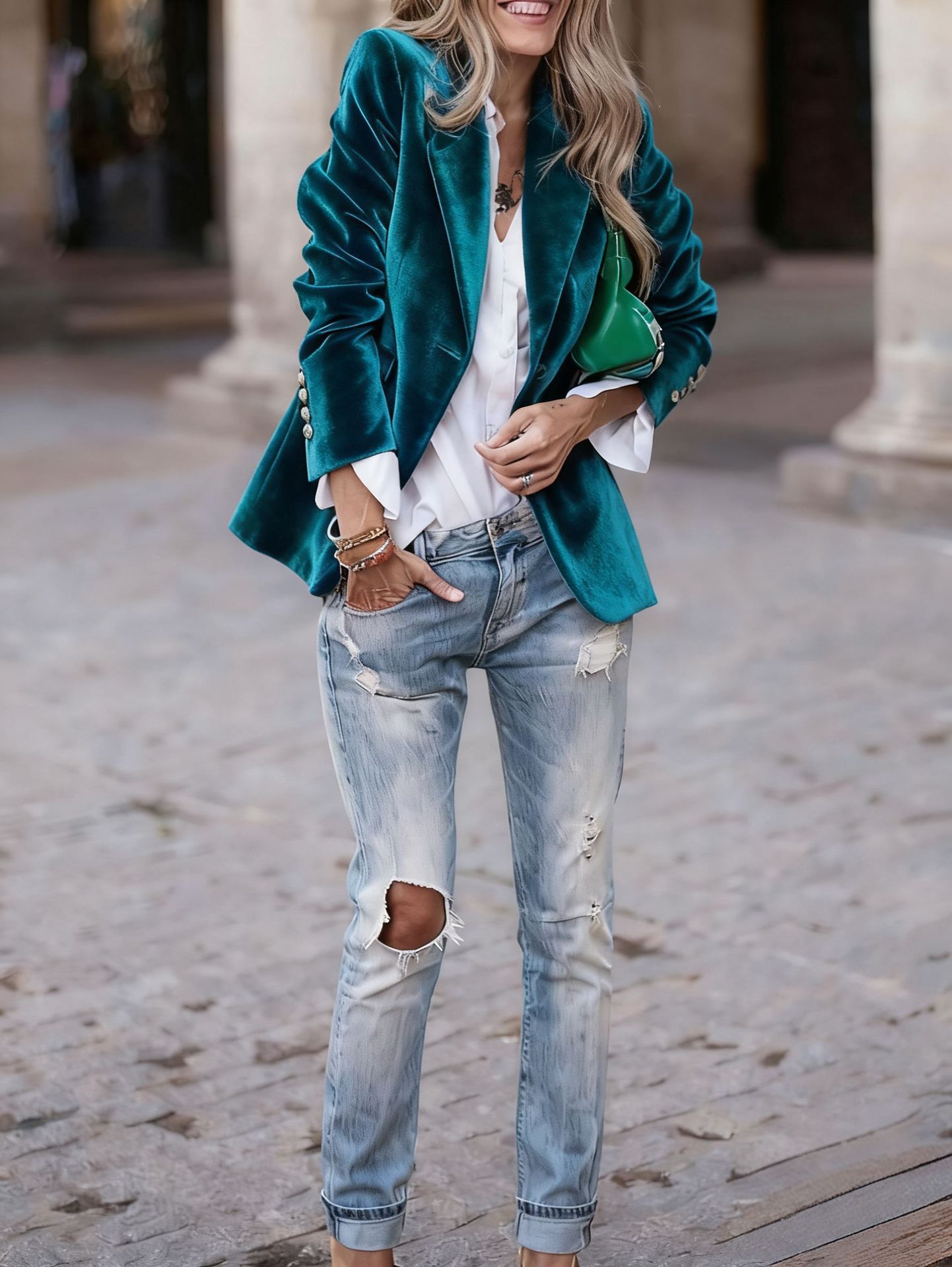 Women's Velvet Slim-Fit Double-Breasted Blazer Long Sleeve Elegant Jacket