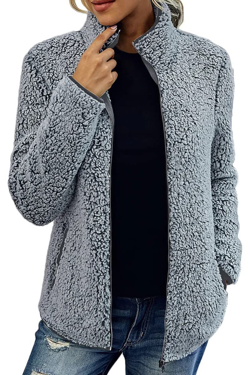 Women's Stand Collar Solid Color Zip-Up Bubble Fleece Jacket