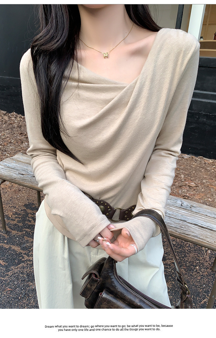Pure Desire One-Shoulder Collar Long-Sleeved Knit Tight Inner Base Top