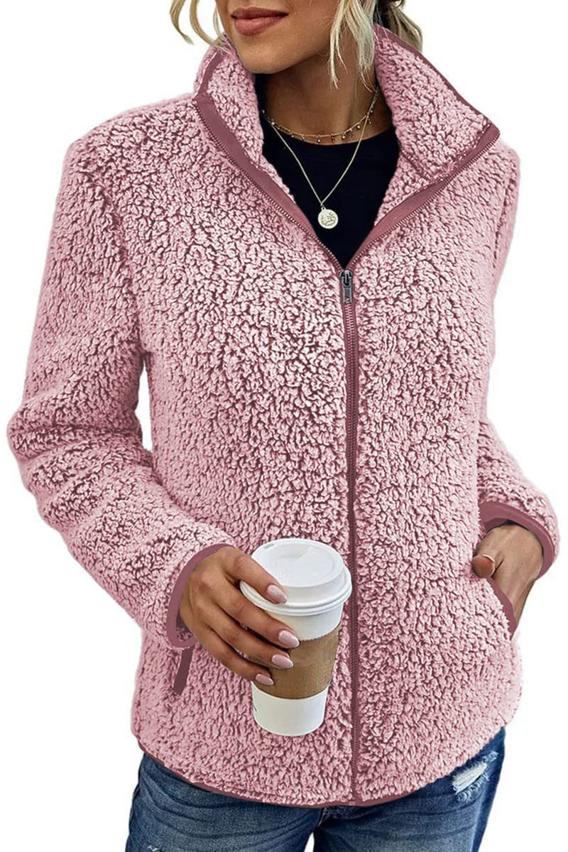 Women's Stand Collar Solid Color Zip-Up Bubble Fleece Jacket