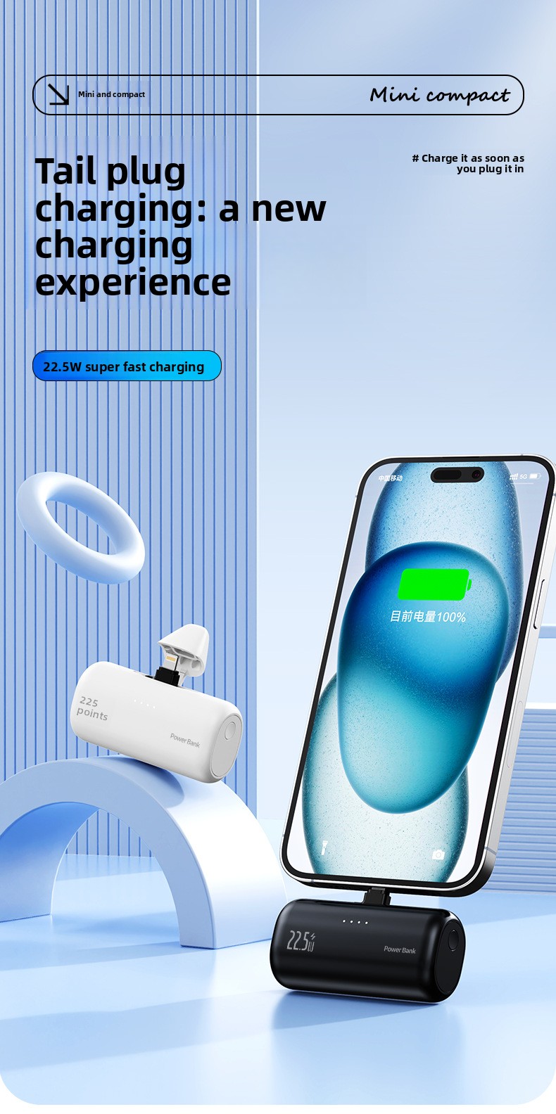 5000mAh Compact Portable Power Bank with Hidden Dual Connectors Fast Charging