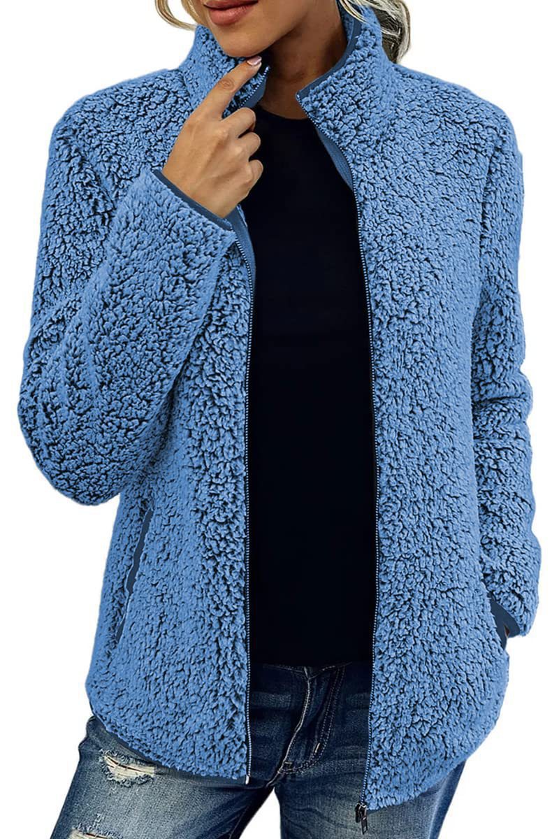 Women's Stand Collar Solid Color Zip-Up Bubble Fleece Jacket