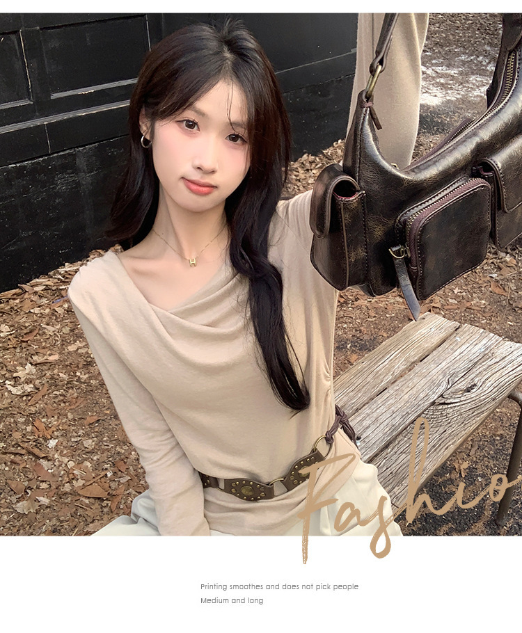 Pure Desire One-Shoulder Collar Long-Sleeved Knit Tight Inner Base Top