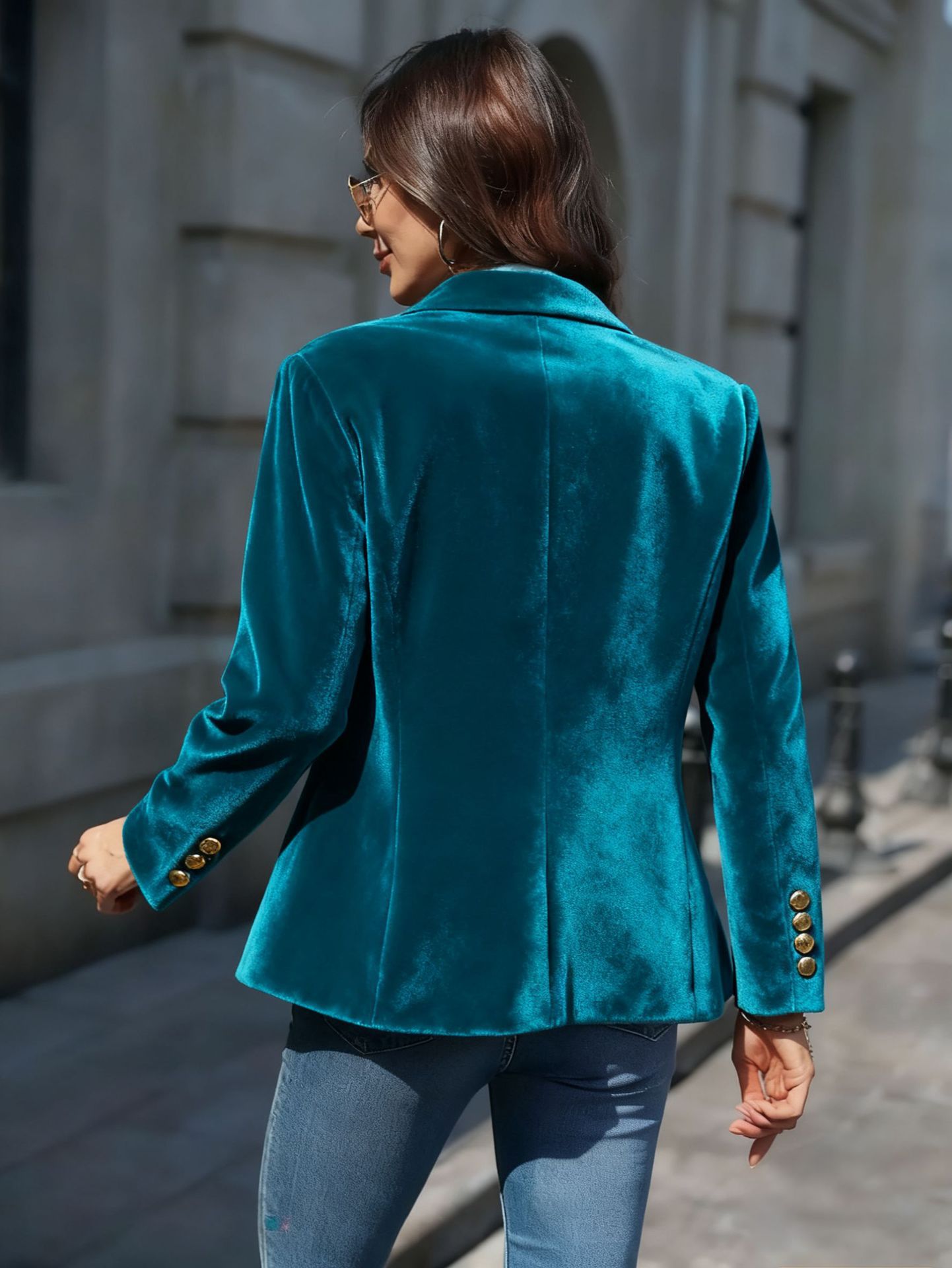 Women's Velvet Slim-Fit Double-Breasted Blazer Long Sleeve Elegant Jacket