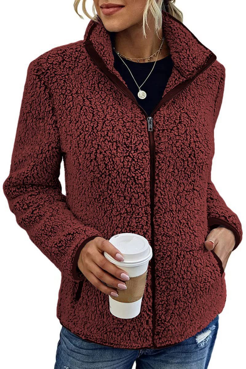 Women's Stand Collar Solid Color Zip-Up Bubble Fleece Jacket