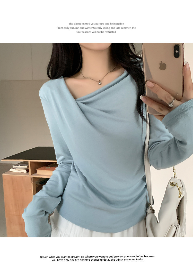 Pure Desire One-Shoulder Collar Long-Sleeved Knit Tight Inner Base Top