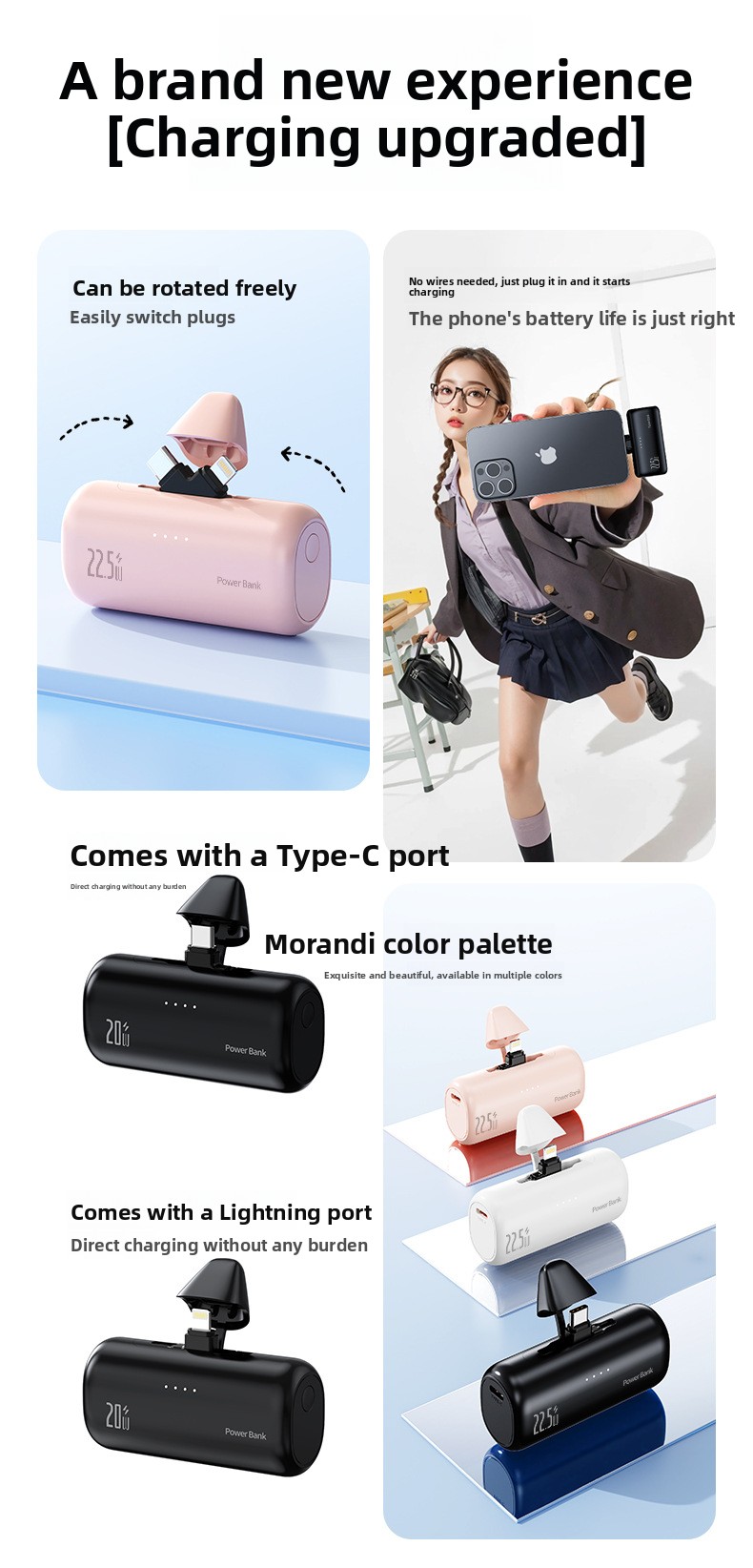 5000mAh Compact Portable Power Bank with Hidden Dual Connectors Fast Charging