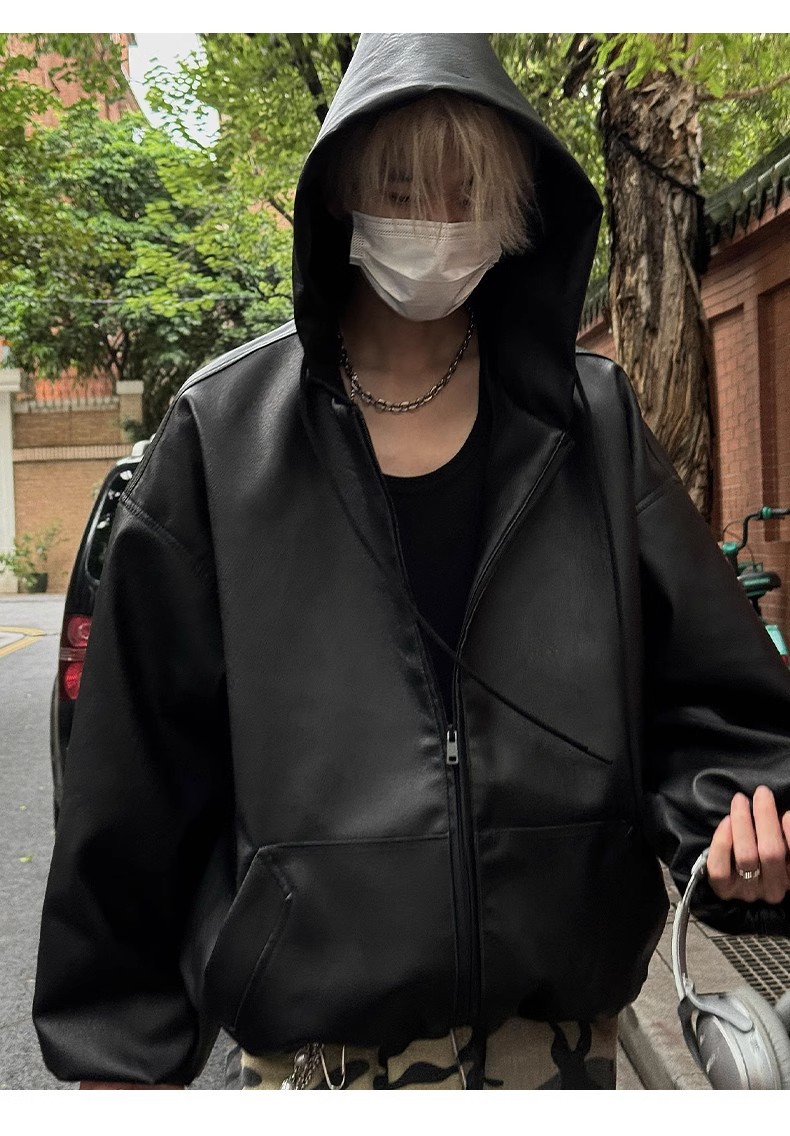 Leather Coat Vintage Hooded Jacket Baseball Suit
