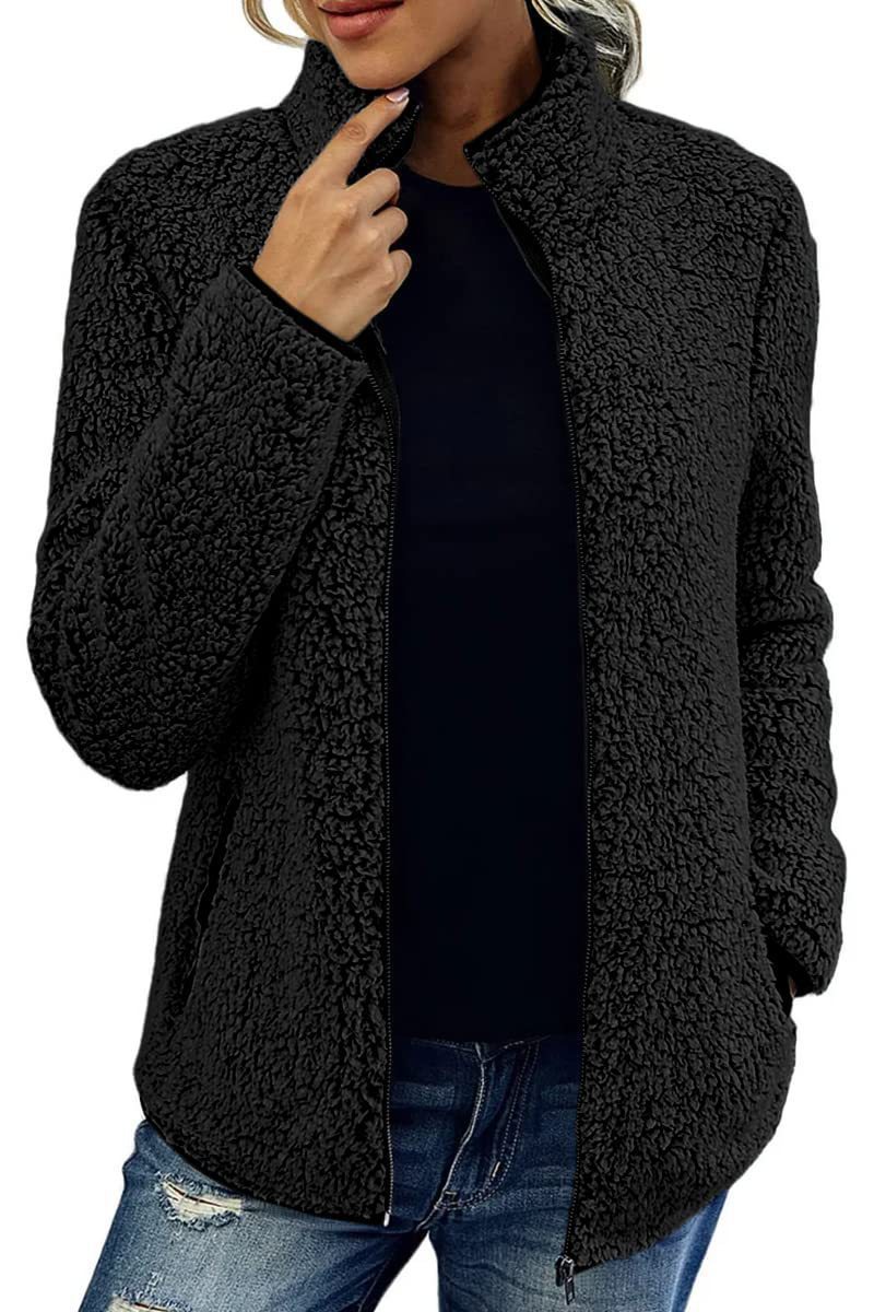 Women's Stand Collar Solid Color Zip-Up Bubble Fleece Jacket