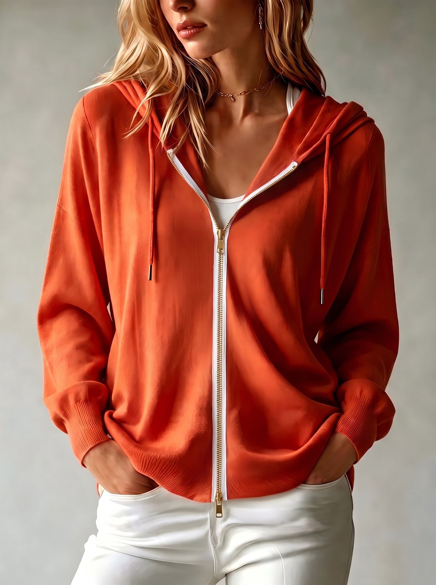 Women's Solid Color Hooded Zip-Up Cardigan Long Sleeve Loose Fit Sweatshirt