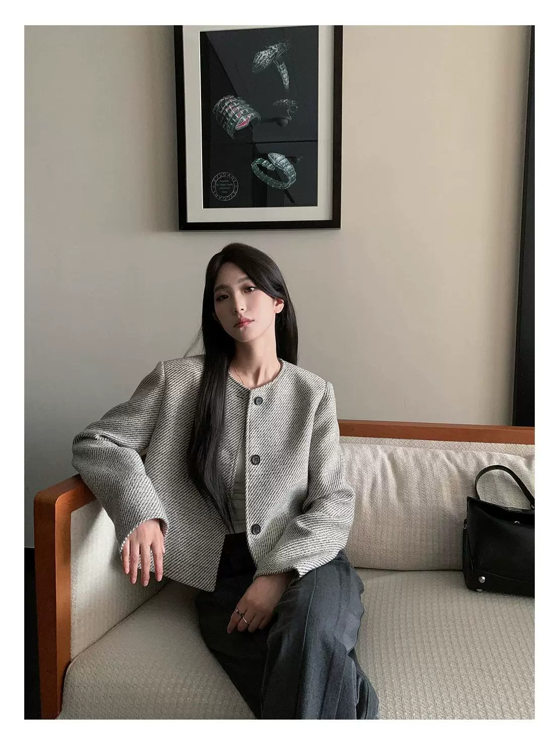 Women's Short Tweed Jacket Round Neck Long Sleeve Coat