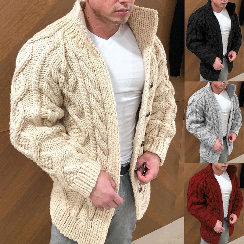 Men's Stand Collar Cable Knit Cardigan Long Sleeve Heavy-Duty Sweater
