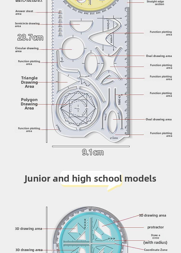 Multifunctional Movable Angle Geometric Drawing Ruler Soft Plastic Math Set for Students