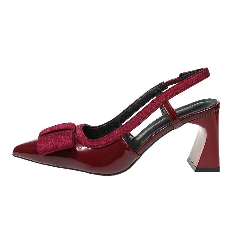 Women Pointed Toe Chunky Heel Bowknot Back Strap Closed Toe Summer Sandals