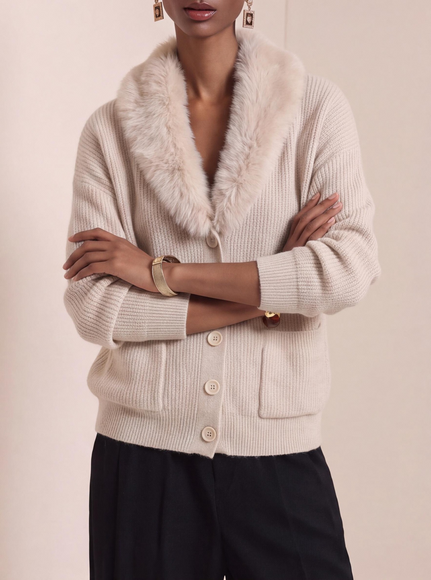 Women's Solid Knit Cardigan with Fur Collar Long Sleeve