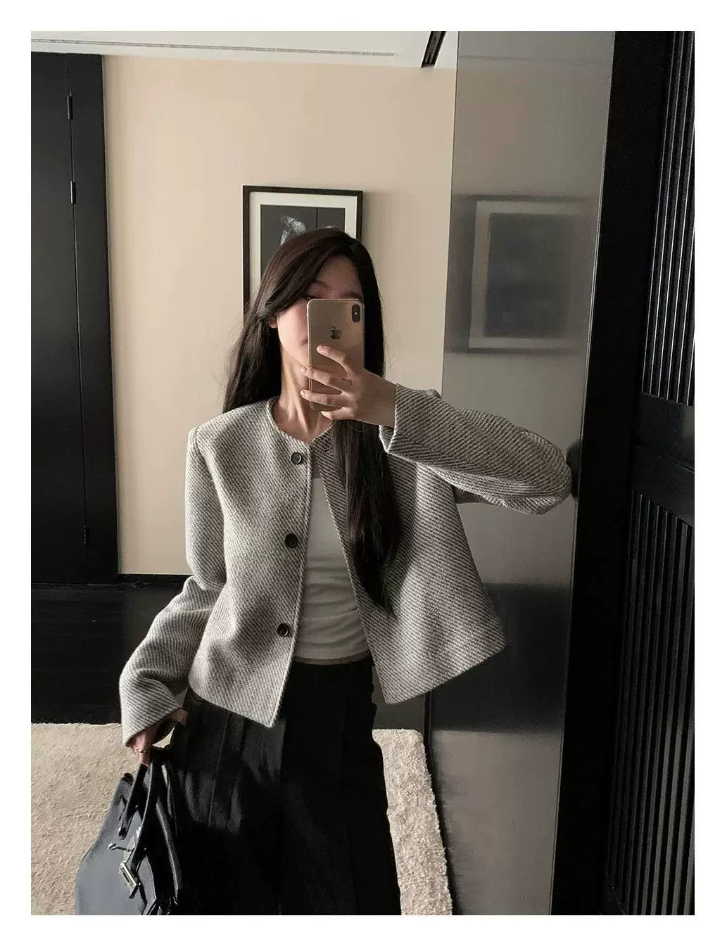 Women's Short Tweed Jacket Round Neck Long Sleeve Coat