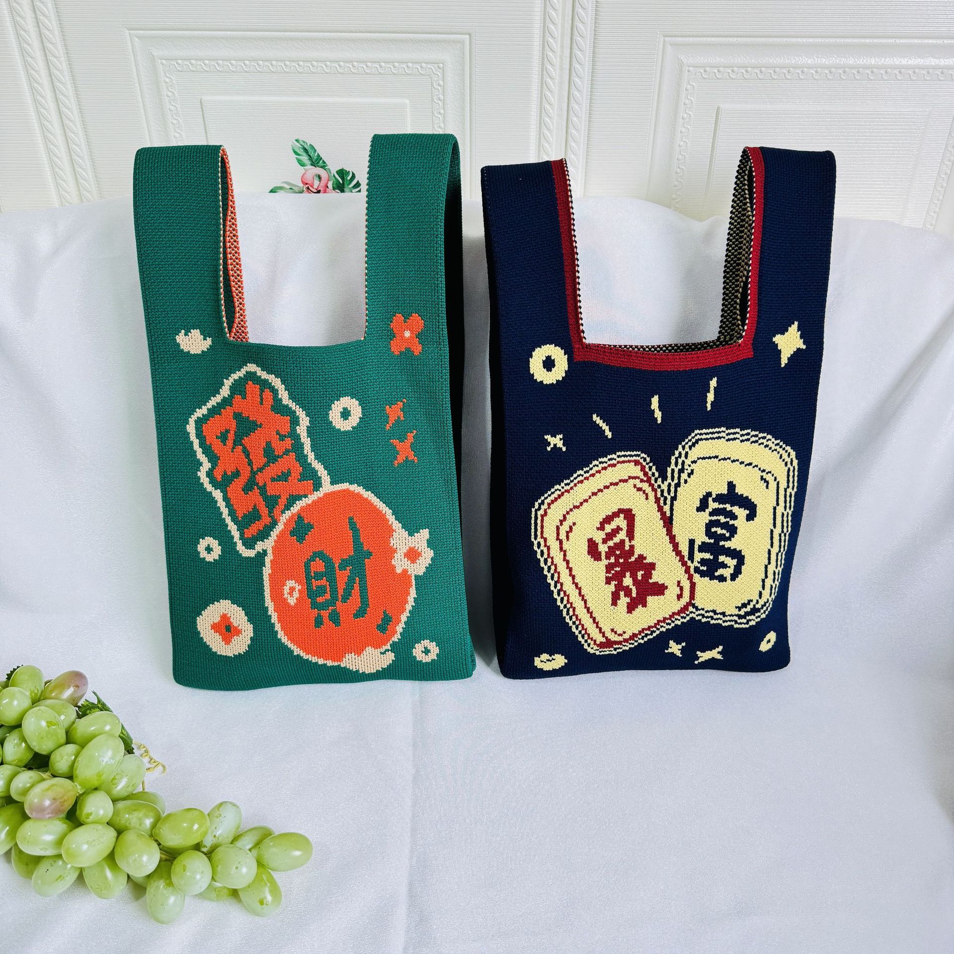 Women's Knitted Sling Bag Fortune Print Small Square Handbag